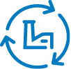 Das Bild zeigt das Icon zu Stoffkreisläufen. In der Mitte ist eine stilisierte Fabrik als Umrisszeichnung in blau abgebildet. Kreisförmig darum sind drei blaue Pfeile angeordet.