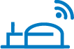Das Bild zeigt das Icon zu Digitalisierung der Bioenergiewirtschaft. Es ist eine stilisierte Biogasanlage als blaue Umrisszeichnung zu erkennen. In der rechten oberen Ecke ist ein WLAN-Symbol bestehend aus einem Punkt und zwei Viertelkreisen ebenfalls in blau abgebildet.
