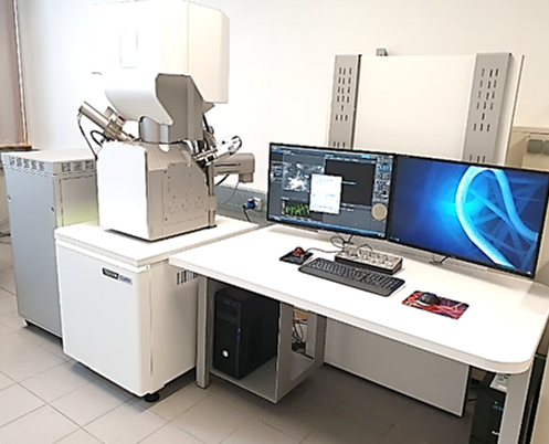 Unser Foto zeigt das Feldemitter Rasterelektronenmikroskop „Clara“ der Firma TESCAN mit EDX-Einheit der Fa. EDAX sowie einen Mikro-Manipulator-System der Fa. Kleindiek Nanotechnik zur Bestimmung der bakteriellen Haftkraft auf Oberflächen.