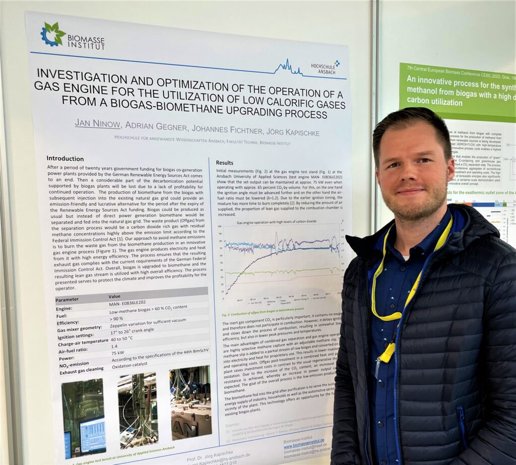 Unser Foto zeigt den Mitarbeitenden des BIT, Jan Ninow, vor seinem Präsentations-Poster auf der 7. Mitteleuropäischen Biomassekonferenz in Graz.