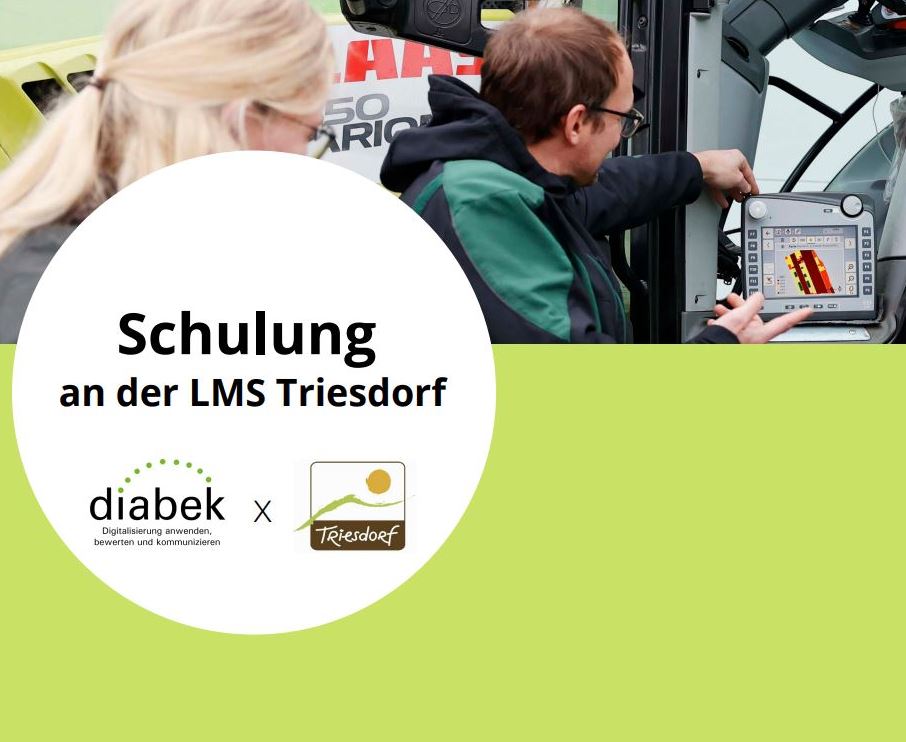 Es wird eine Bildcollage angezeigt. In der oberen Hälfte sind 2 personen von hinten zu sehne, die auf ein Display betrachten. Die untere Hälfte ist grün. Links ist ein Kreis mit dem Text "Sculung an der LMS Triesdorf" sowie das Diabek und das Triesdorf-Logo zu sehen.