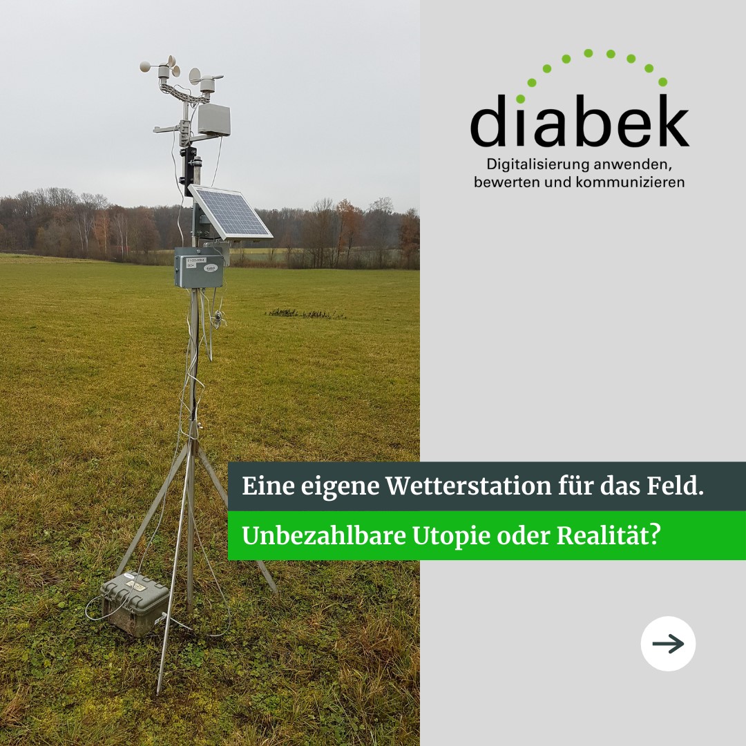 Prototyp einer Diabek Wetterstation auf einer Wiese. im Hintergrund sind Bäume und bewölkter Himmel.